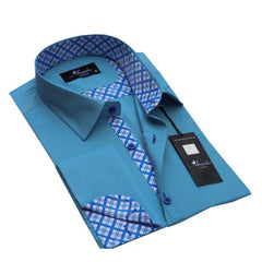 Turquoise Blue With Check Design Mens Slim Fit Designer Dress Shirt - tailored Cotton Shirts for Work and Casual Wear - Amedeo Exclusive