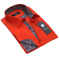 Neon Orange Paisley Mens Slim Fit French Cuff Dress Shirts with Cufflink Holes - Casual and Formal - Amedeo Exclusive