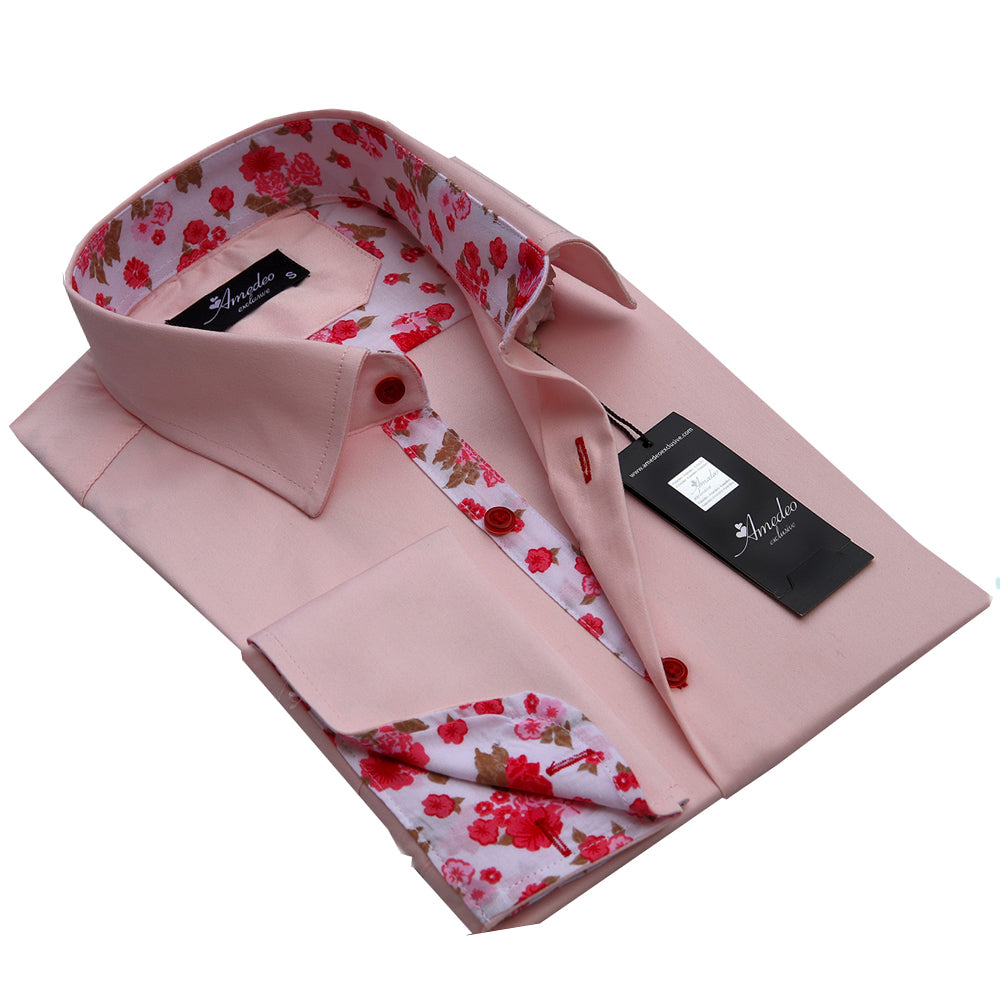 Salmon Pink Floral Mens Slim Fit French Cuff Dress Shirts with Cufflink Holes - Casual and Formal - Amedeo Exclusive