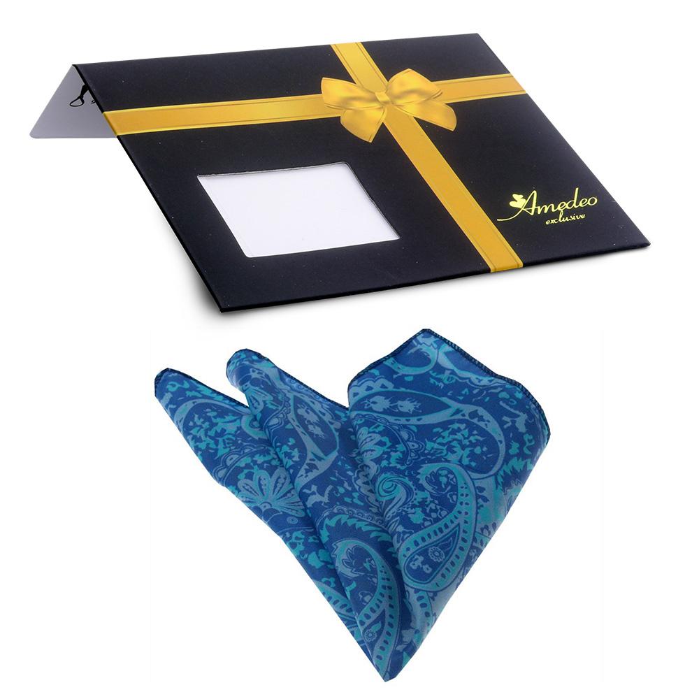 Men's Blue Paisley Squares Pocket Square Hanky Handkerchief - Amedeo Exclusive
