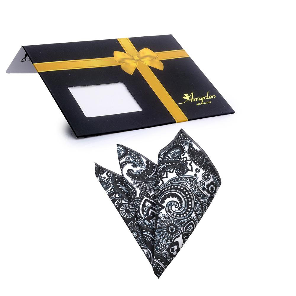 Men's Black & White Paisley Pocket Square Hanky Handkerchief - Amedeo Exclusive
