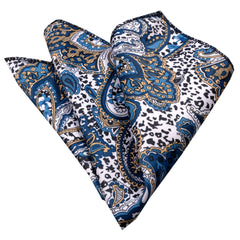 White Blue Tan Paisley Mens Pocket Square - Premium Silk Handkerchiefs for Suits - Amedeo Exclusive