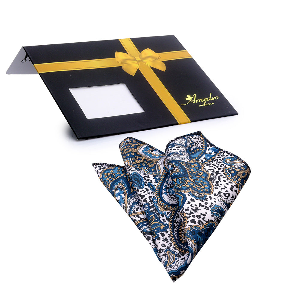 White Blue Tan Paisley Mens Pocket Square - Premium Silk Handkerchiefs for Suits - Amedeo Exclusive