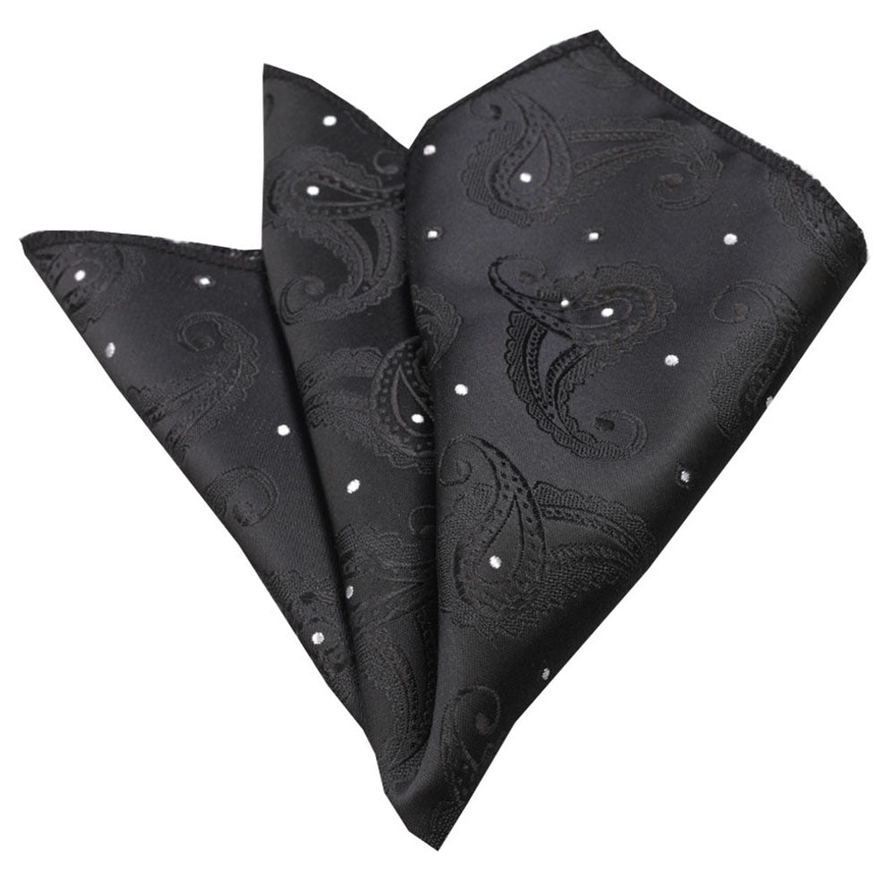 Men's Solid Black Paisley with White Dots Pocket Square Hanky Handkerchief - Amedeo Exclusive