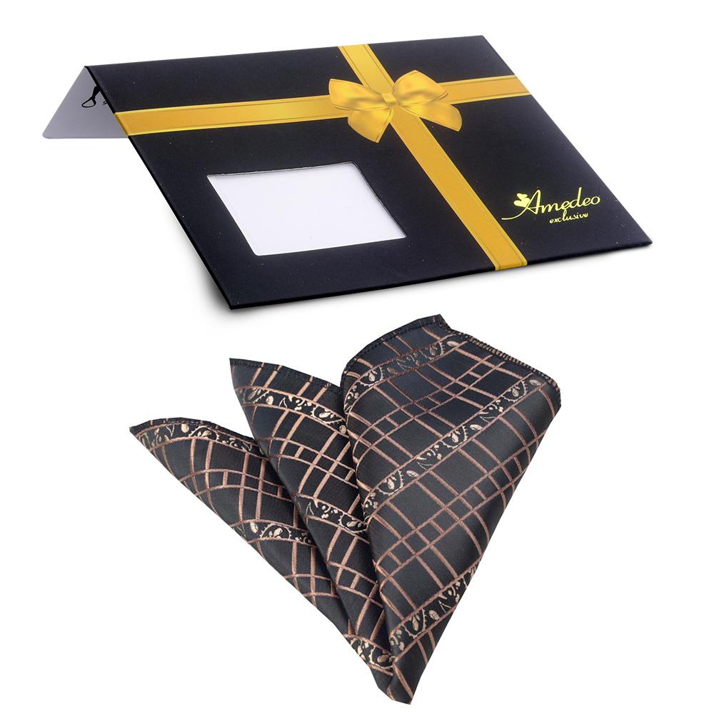 Men's Brown Black Squares Pocket Square Hanky Handkerchief - Amedeo Exclusive