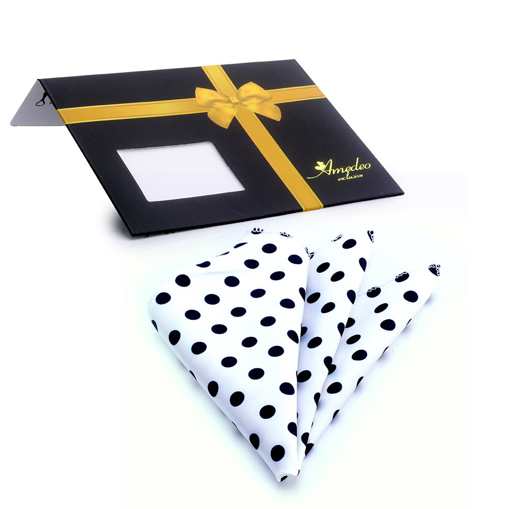 Men's White Black Polka Dots Pocket Square Hanky Handkerchief - Amedeo Exclusive