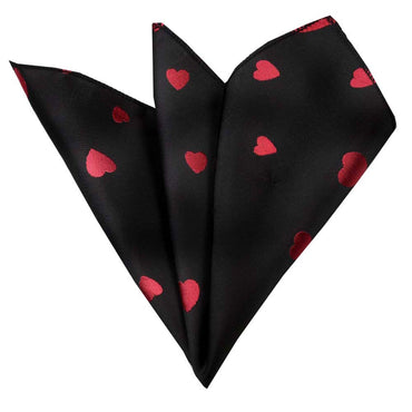 Men's Solid black with red hearts Pocket Square Hanky Handkerchief - Amedeo Exclusive