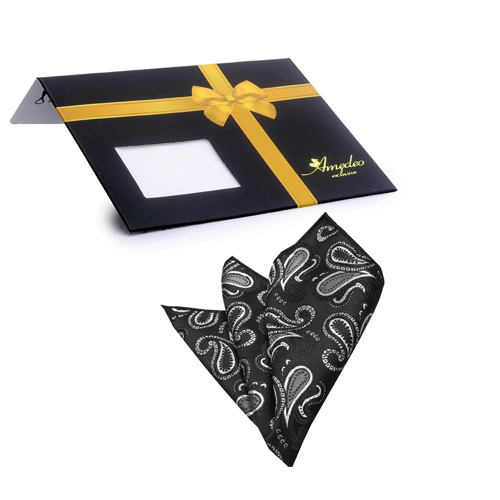 Men's Black Grey Paisley Pocket Square Hanky Handkerchief - Amedeo Exclusive