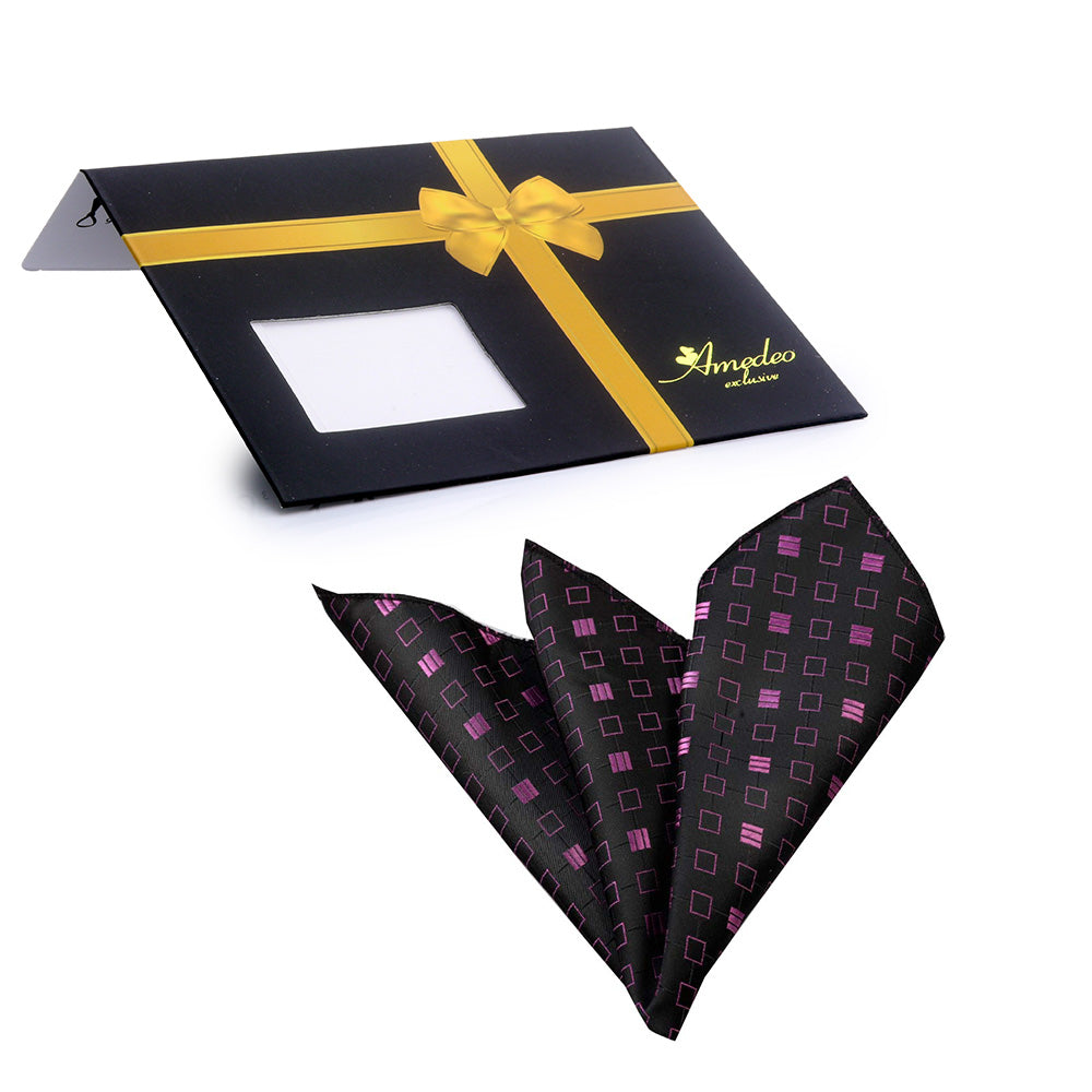 Men's Black Pink Squares Pocket Square Hanky Handkerchief - Amedeo Exclusive