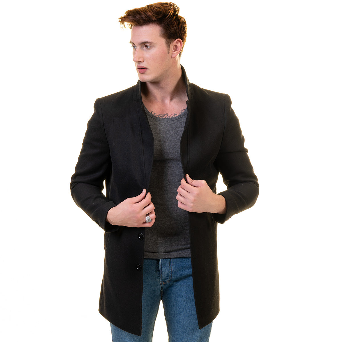 Men's European Black Wool Coat Jacket Tailor fit Fine Luxury Quality Work and Casual