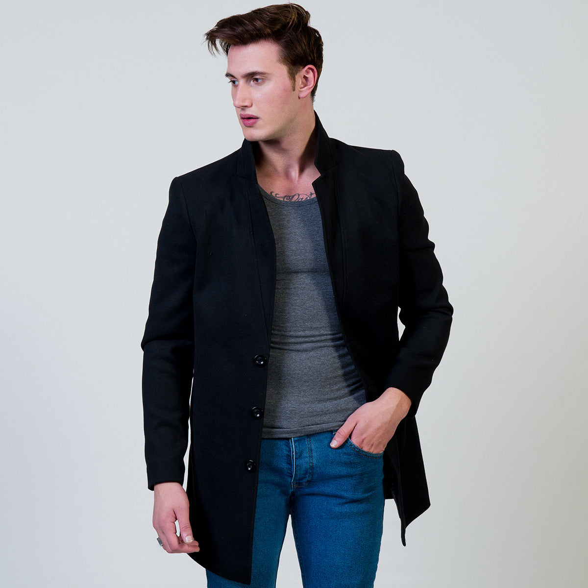 Men's European Black Wool Coat Jacket Tailor fit Fine Luxury Quality Work and Casual