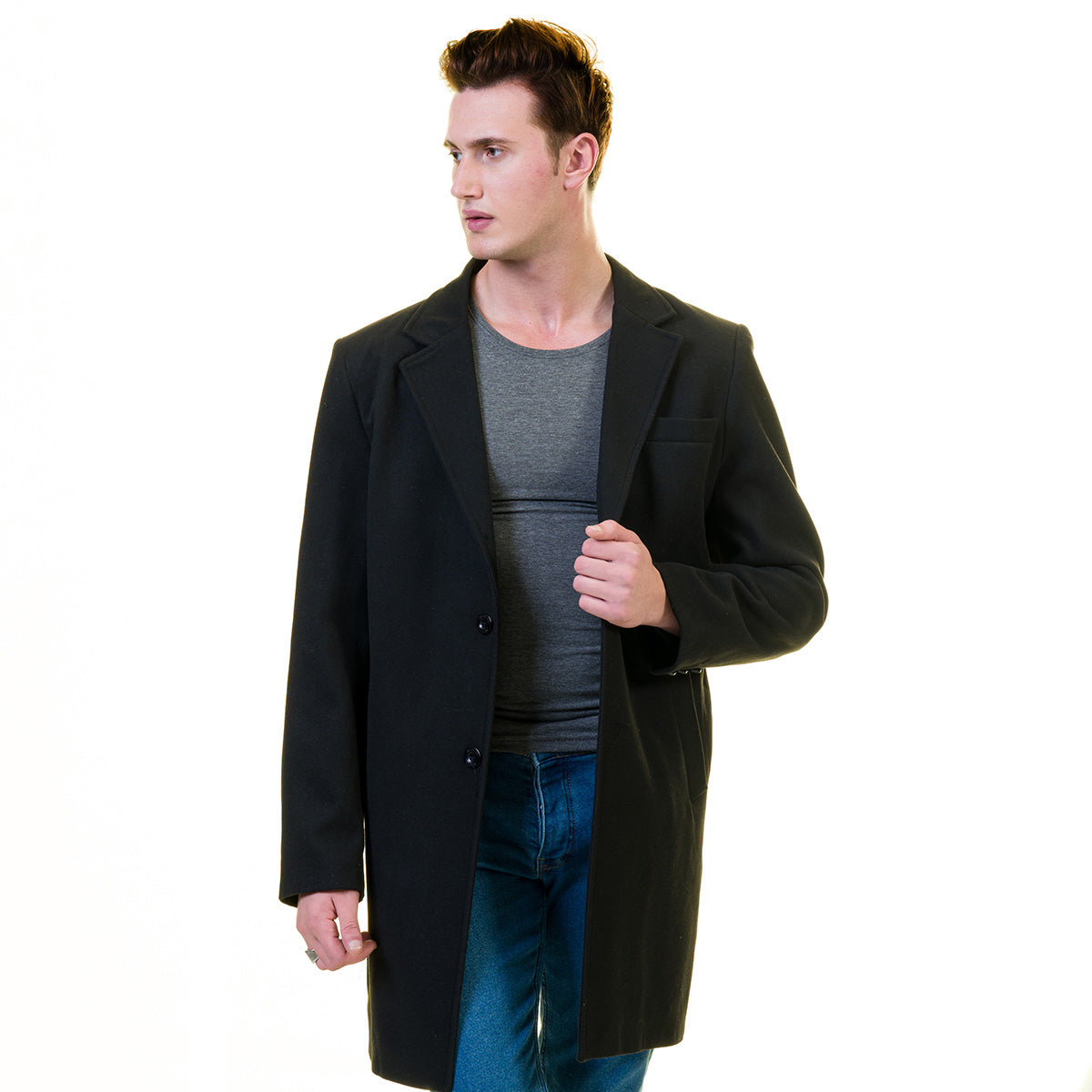 Men's European Black Wool Coat Hooded Jacket Tailor fit Fine Luxury Quality Work and Casual