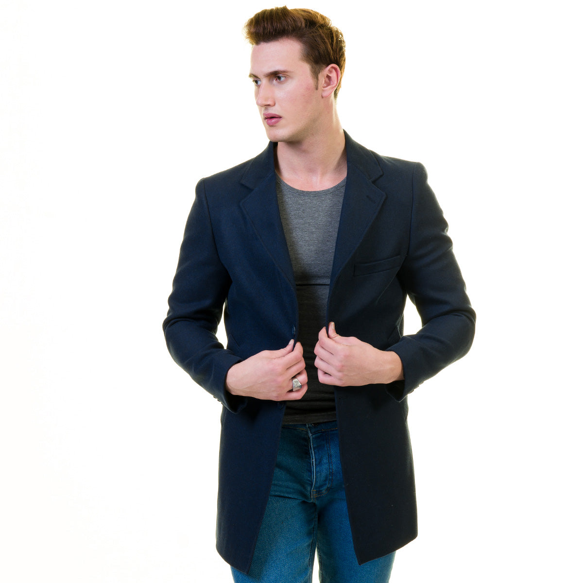 Men's European Blue Wool Coat Jacket Tailor fit Fine Luxury Quality Work and Casual