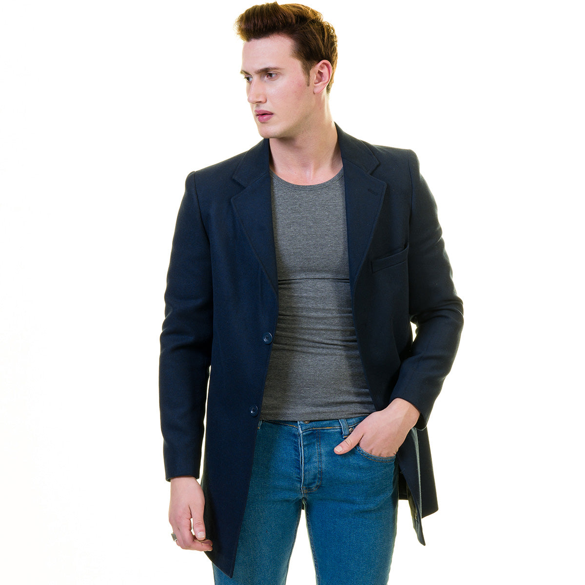 Men's European Blue Wool Coat Jacket Tailor fit Fine Luxury Quality Work and Casual