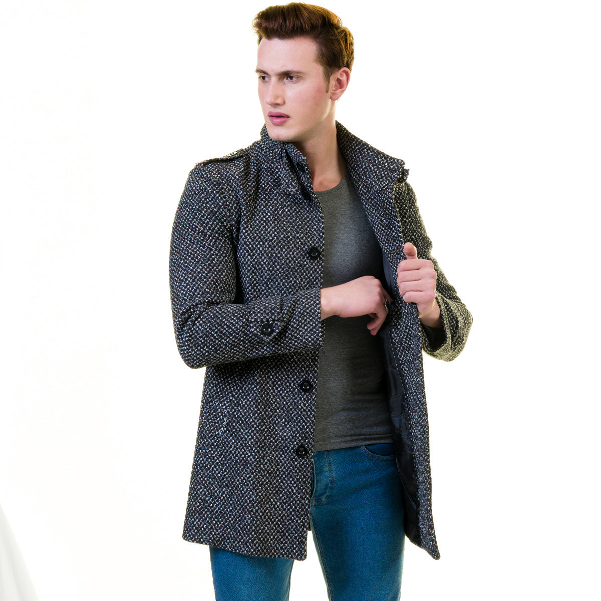 Men's European Black and White Dotted Wool Coat Jacket Tailor fit Fine Luxury Quality Work and Casual