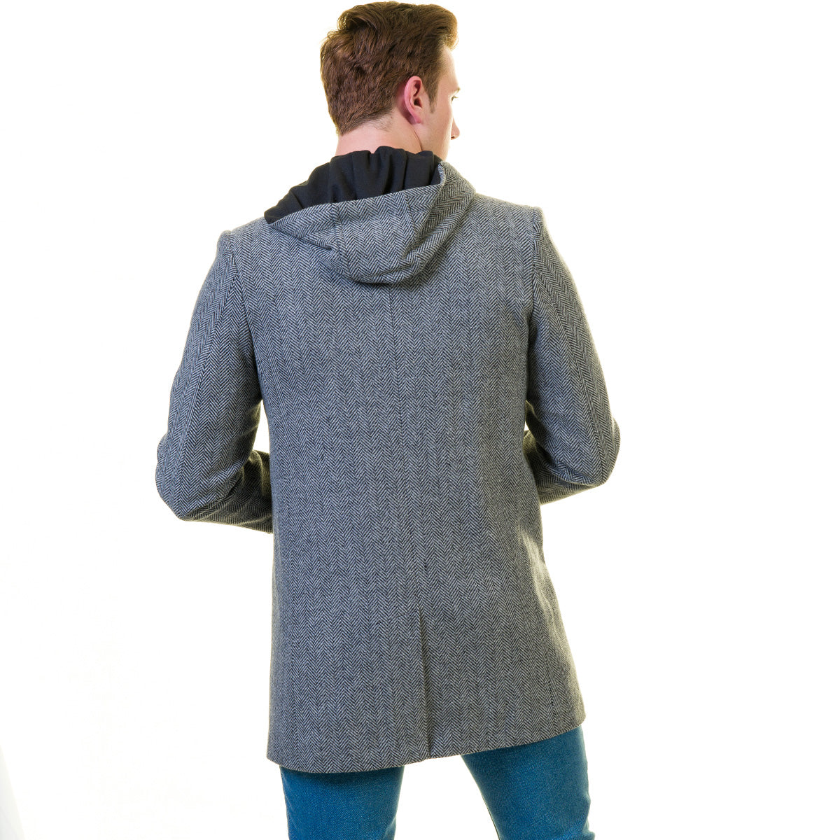 Men's European Grey Wool Coat Hooded Jacket Tailor fit Fine Luxury Quality Work and Casual