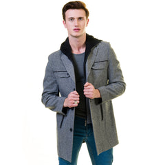 Men's European Grey Wool Coat Hooded Jacket Tailor fit Fine Luxury Quality Work and Casual