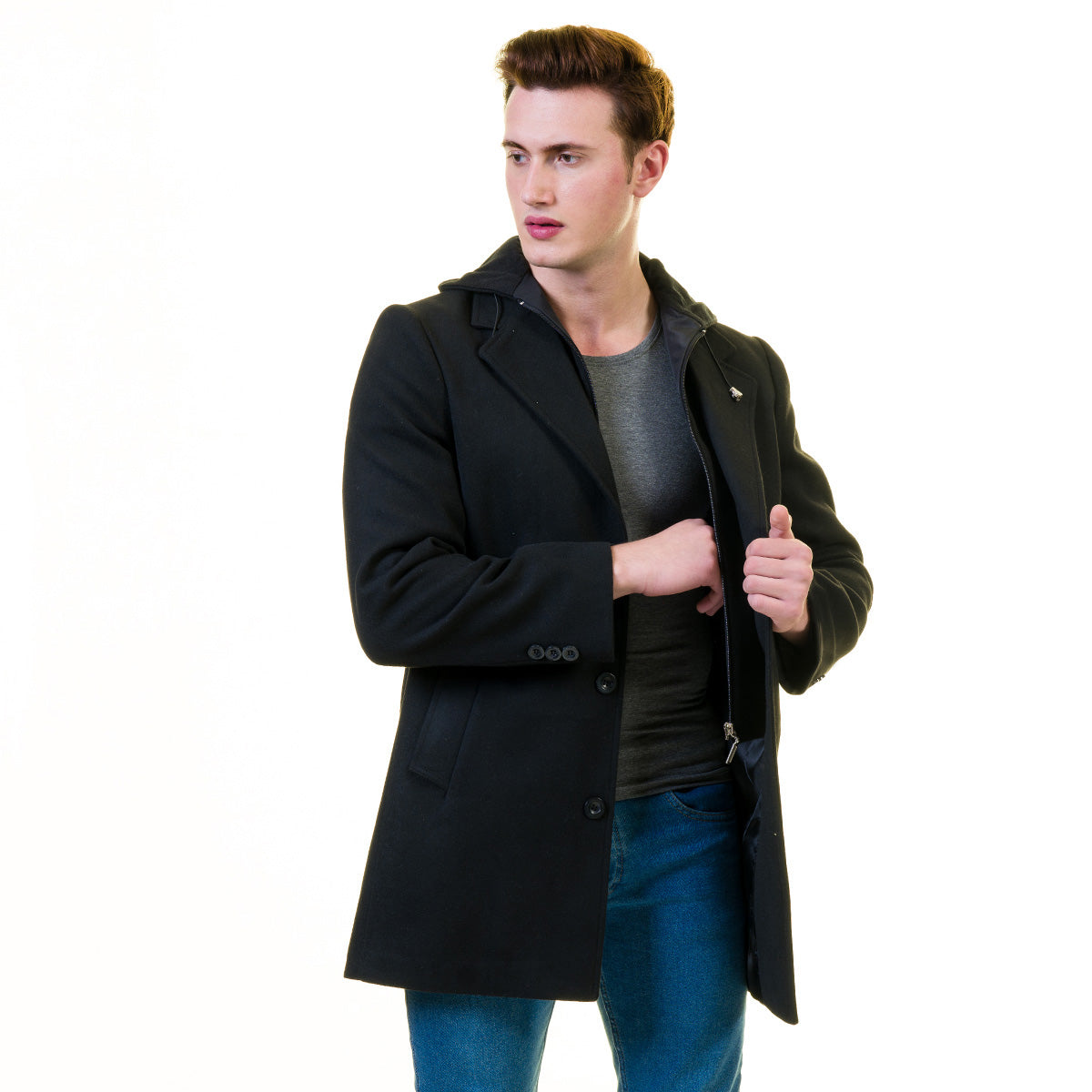 Men's European Black Wool Coat Hooded Jacket Tailor Luxury Quality ...