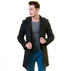 Men's European Black Wool Coat Hooded Jacket Tailor fit Fine Luxury Quality Work and Casual