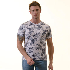 White Navy Floral European Made Premium Quality T-Shirt - Crew Neck Short Sleeve T-Shirts