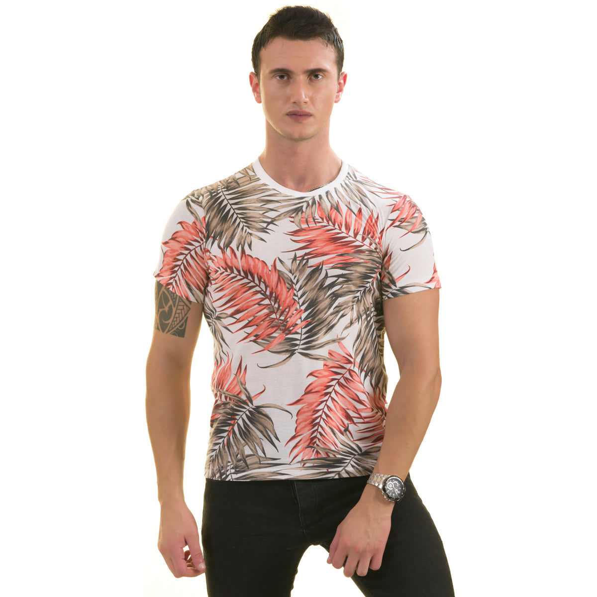 Peach and Brown Leaves European Made Premium Quality T-Shirt - Crew Neck Short Sleeve T-Shirts