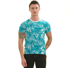 Blue Leaves Printed European Made Premium Quality T-Shirt - Crew Neck Short Sleeve T-Shirts