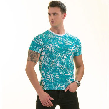Blue Leaves Printed European Made Premium Quality T-Shirt - Crew Neck Short Sleeve T-Shirts