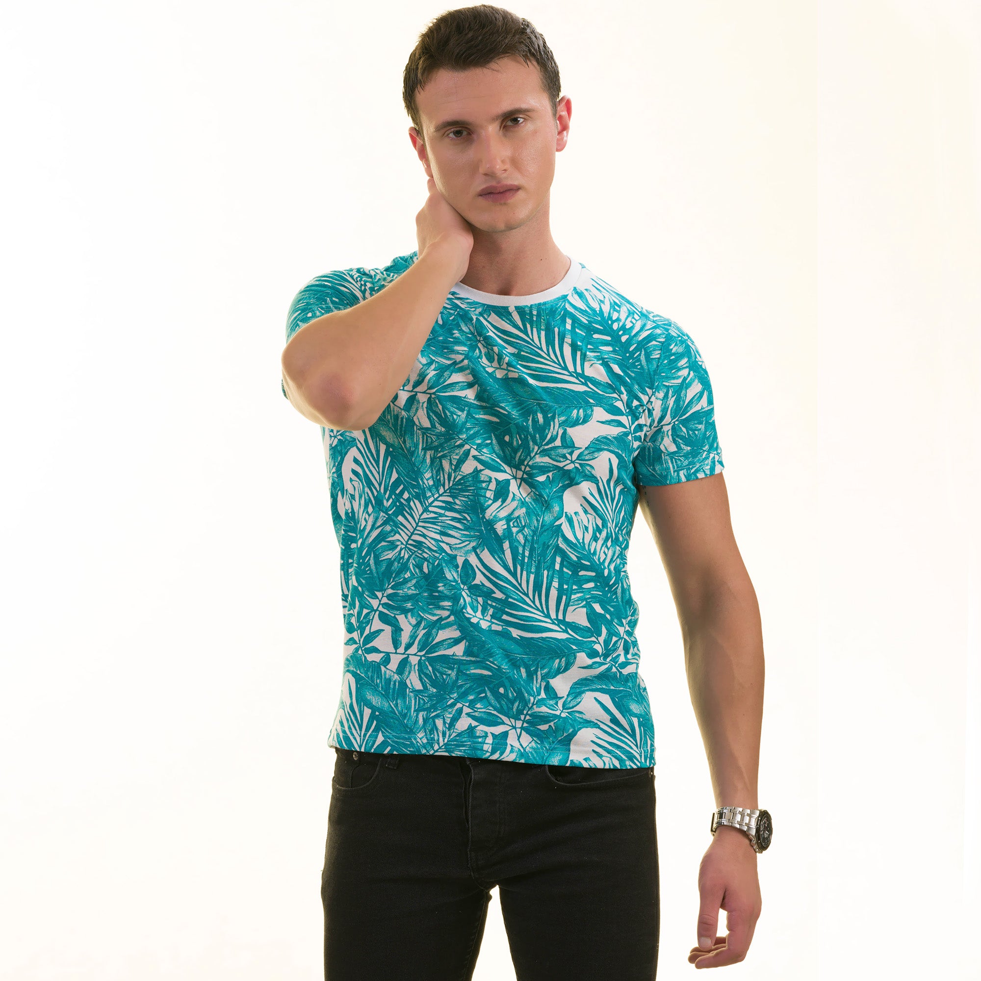 Blue Leaves Printed European Made Premium Quality T-Shirt - Crew Neck Short Sleeve T-Shirts