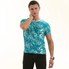 Blue Leaves Printed European Made Premium Quality T-Shirt - Crew Neck Short Sleeve T-Shirts