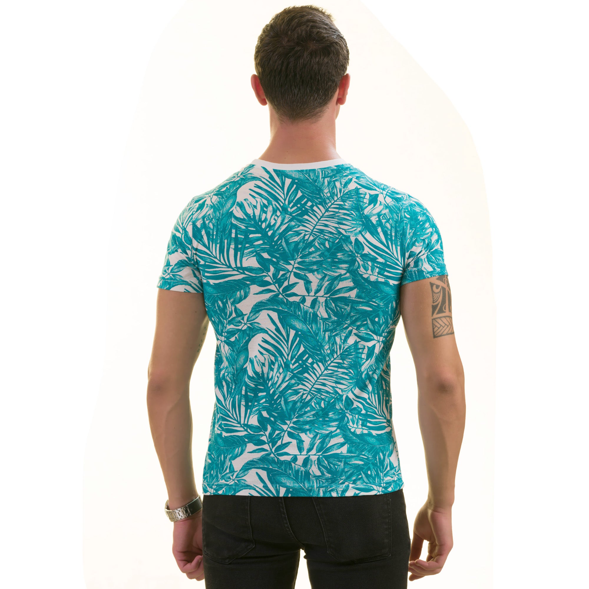 Blue Leaves Printed European Made Premium Quality T-Shirt - Crew Neck Short Sleeve T-Shirts