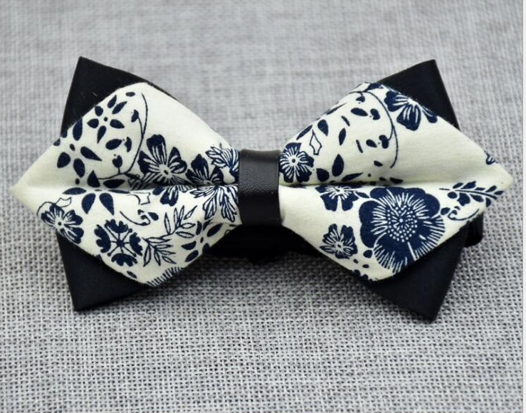 Men's White Blue Floral 100% Cotton Elegant Pre-Tied Bow Tie - Amedeo Exclusive