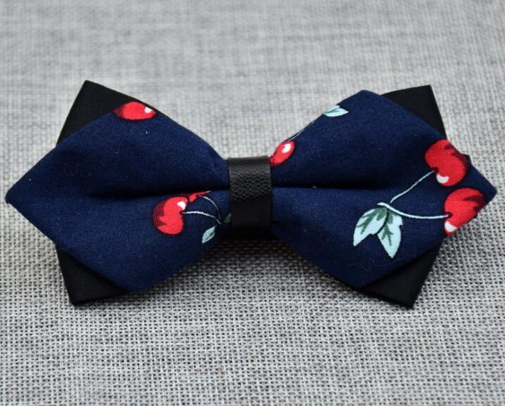 Men's Navy Blue Red Cherries 100% Cotton Pre-Tied Bow Tie - Amedeo Exclusive