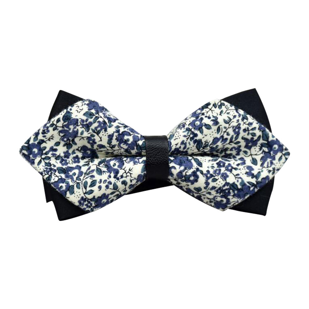 Men's White Blue Floral 100% Soft Cotton Pre-Tied Bow Tie - Amedeo Exclusive