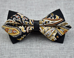 Men's Black Gold Floral 100% Cotton Pre-Tied Bow Tie - Amedeo Exclusive