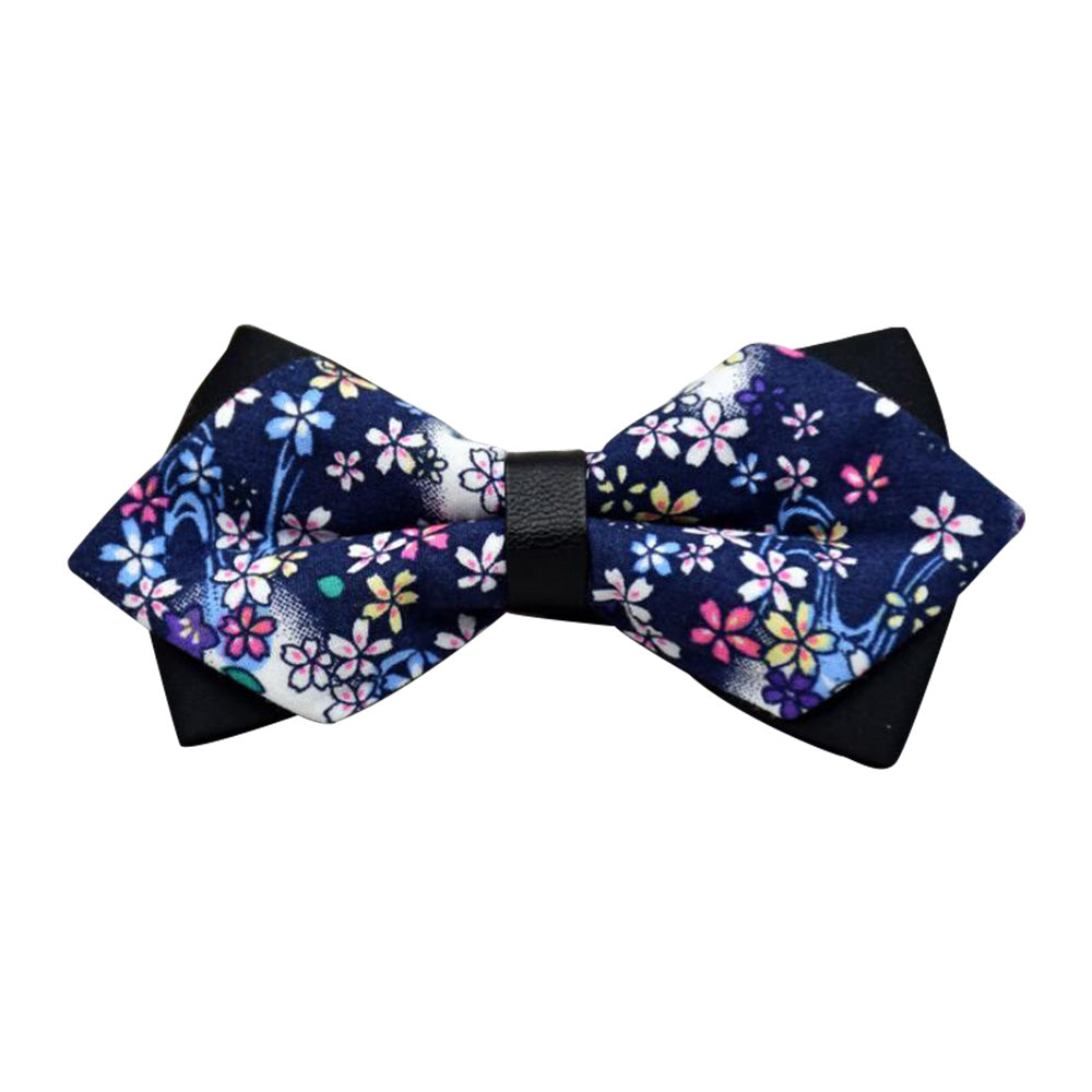 Men's Navy Blue Colorful Floral 100% Cotton Pre-Tied Bow Tie - Amedeo Exclusive