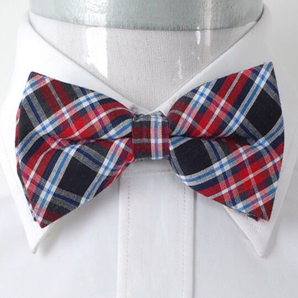 Men's Red Blue and Black Plaid Silk Pre-Tied Bow Tie - Amedeo Exclusive