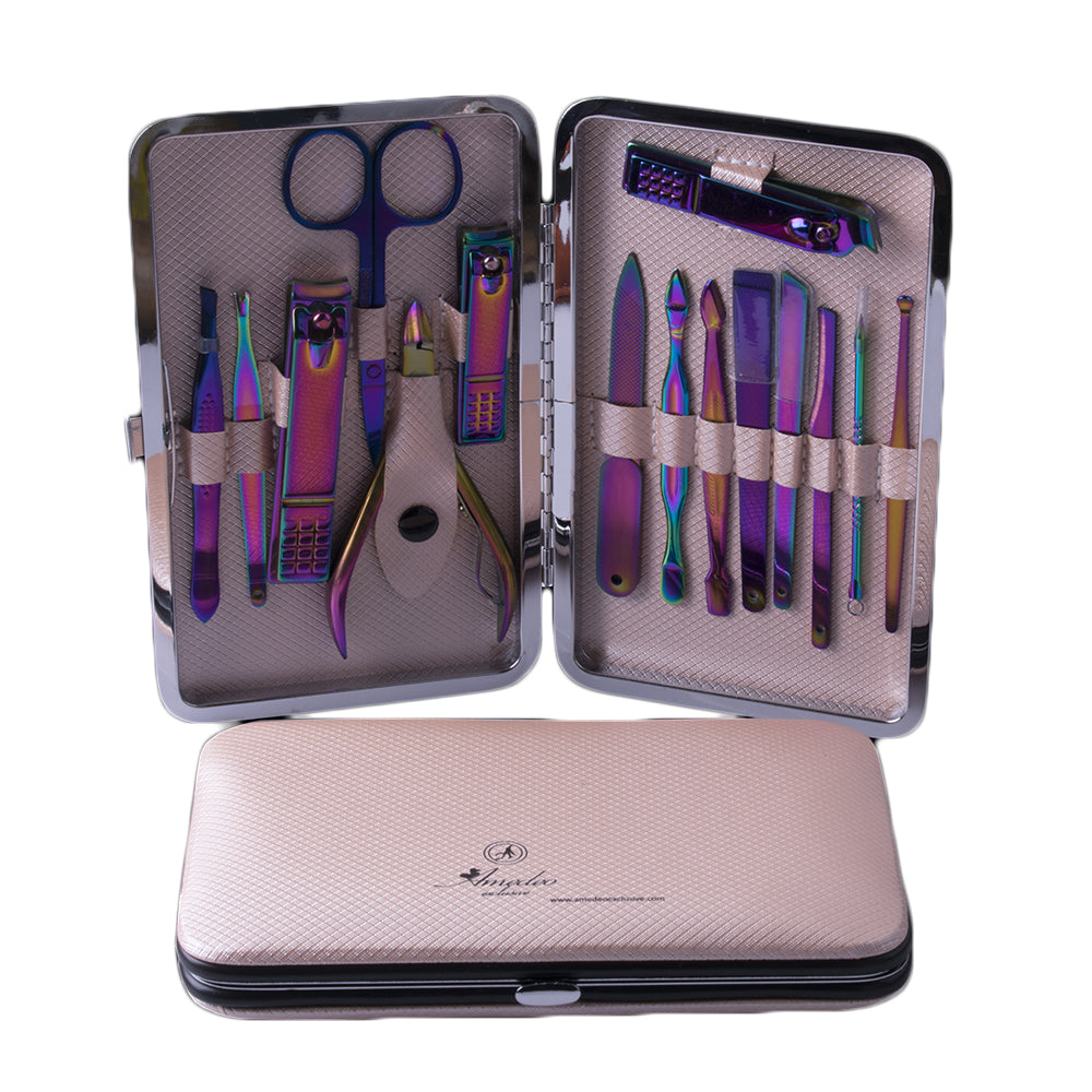 Unisex Stainless Steel 15 Piece Sets Metallic Pink Manicure & Pedicure Set - Amedeo Exclusive