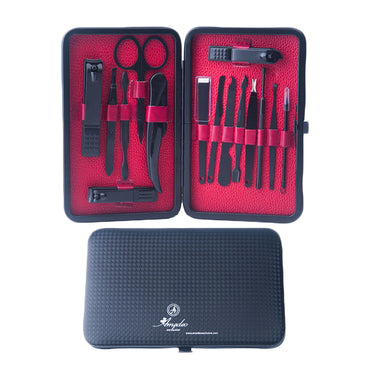 Unisex Stainless Steel 15 Piece Black Chrome & Red Leather Manicure & Pedicure Set - Amedeo Exclusive