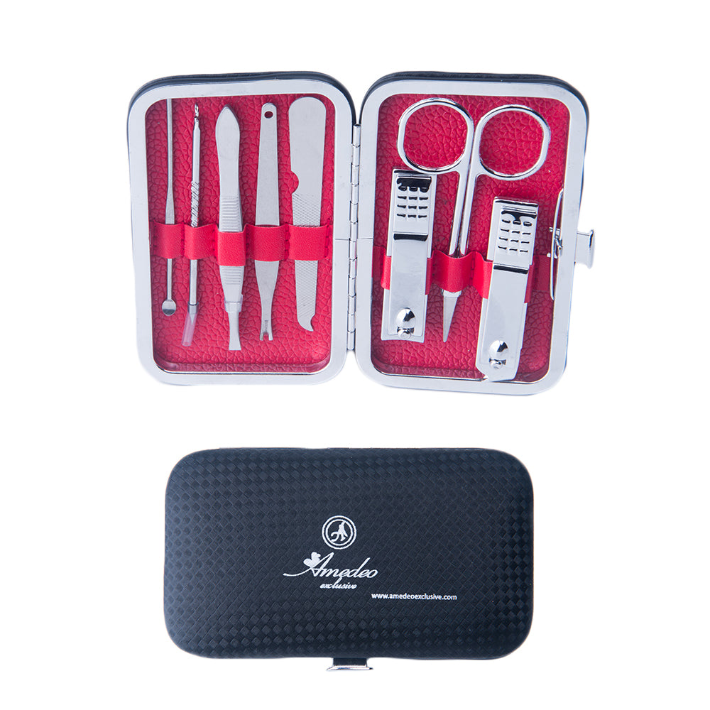 Unisex Silver Stainless Steel Red 8 Piece Manicure Pedicure Set - Amedeo Exclusive