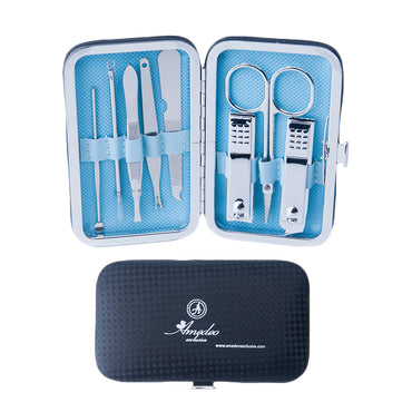 Unisex Silver Stainless Steel Light Blue 8 Piece Manicure Pedicure Set - Amedeo Exclusive