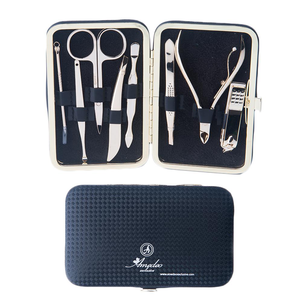 Unisex Silver Stainless Gold Plating Black Leather 8 Piece Manicure Pedicure Set - Amedeo Exclusive