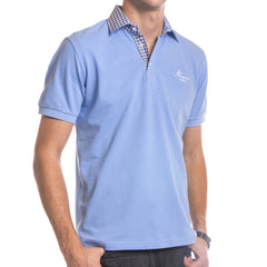 Light Blue Checkered Mens Slim Fit Polo Shirts - 100% Soft Cotton - Tailored Comfortable Fit - Amedeo Exclusive