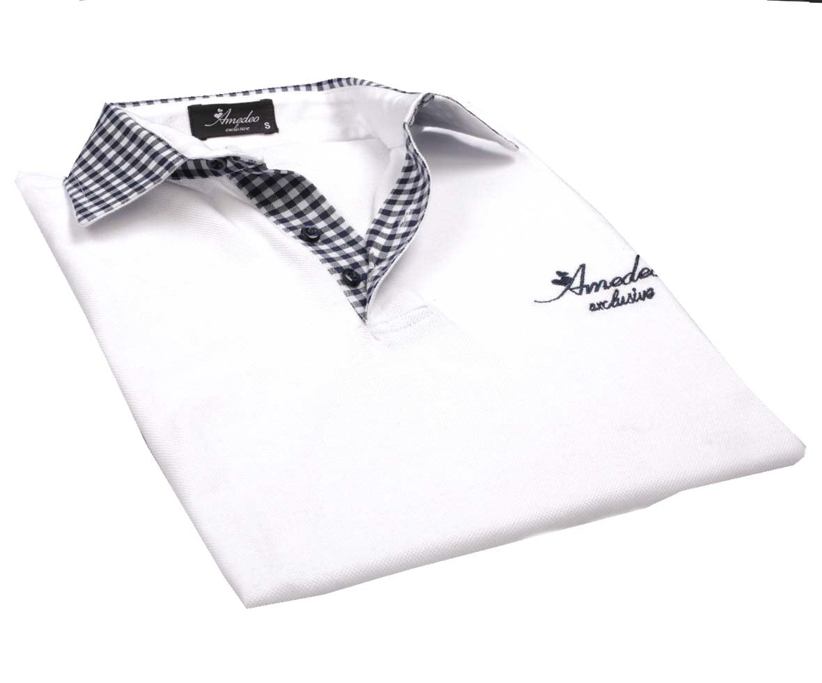White Check Mens Slim Fit Polo Shirts - 100% Soft Cotton - Tailored Comfortable Fit - Amedeo Exclusive