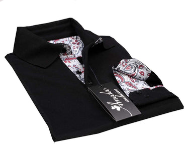 Black Paisley Mens Slim Fit Polo Shirts - 100% Soft Cotton - Tailored Comfortable Fit - Amedeo Exclusive