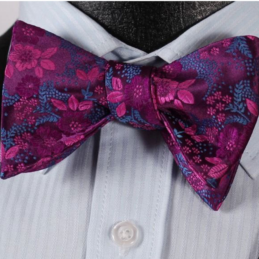 Purple & Pink Floral Mens Silk Self tie Bow Tie with Pocket Squares Set - Amedeo Exclusive