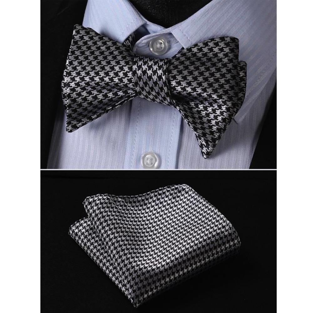 Black With Silver Check Mens Silk Self tie Bow Tie with Pocket Squares Set - Amedeo Exclusive