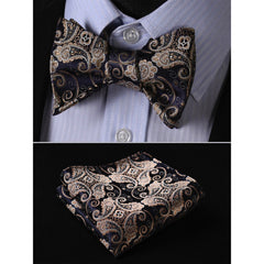 Gold Navy Blue Paisley Mens Silk Self tie Bow Tie with Pocket Squares Set - Amedeo Exclusive