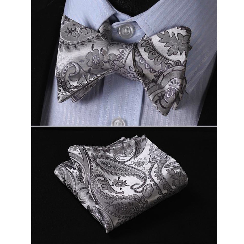 Gray Paisley Mens Silk Self tie Bow Tie with Pocket Squares Set - Amedeo Exclusive