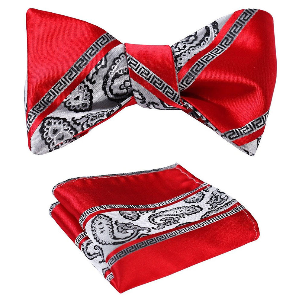 Red White Paisley Mens Silk Self tie Bow Tie with Pocket Squares Set - Amedeo Exclusive