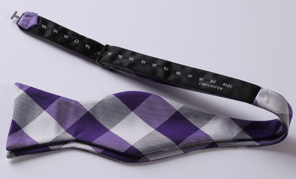 Purple Grey Check Mens Silk Self tie Bow Tie with Pocket Squares Set - Amedeo Exclusive